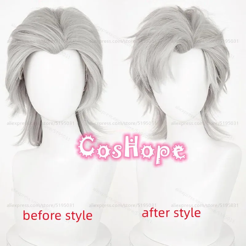 Sylus-Peluca de Cosplay de 38cm, peluca corta gris, pelucas de Cosplay de Anime, pelucas sintéticas resistentes al calor