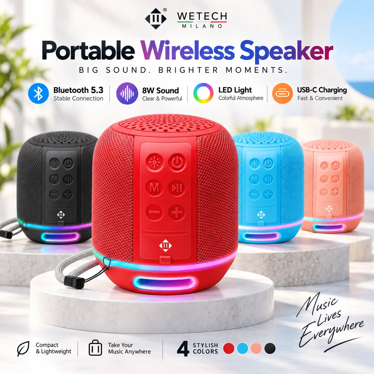 Altoparlante Bluetooth portatile e senza fili WETECH, 8W, suono potente e nitido, connessione Bluetooth 5.3 stabile, luce LED RGB multicolore, ricarica tramite USB-C, disponibile in 4 colori, ideale