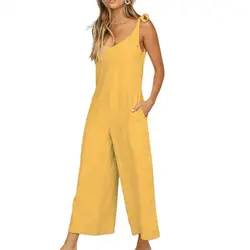 Summer Loose Casual Jumpsuit Women Sleeveless Rompers O Neck Solid Backless Overalls Trousers Wide Leg Cropped Pants