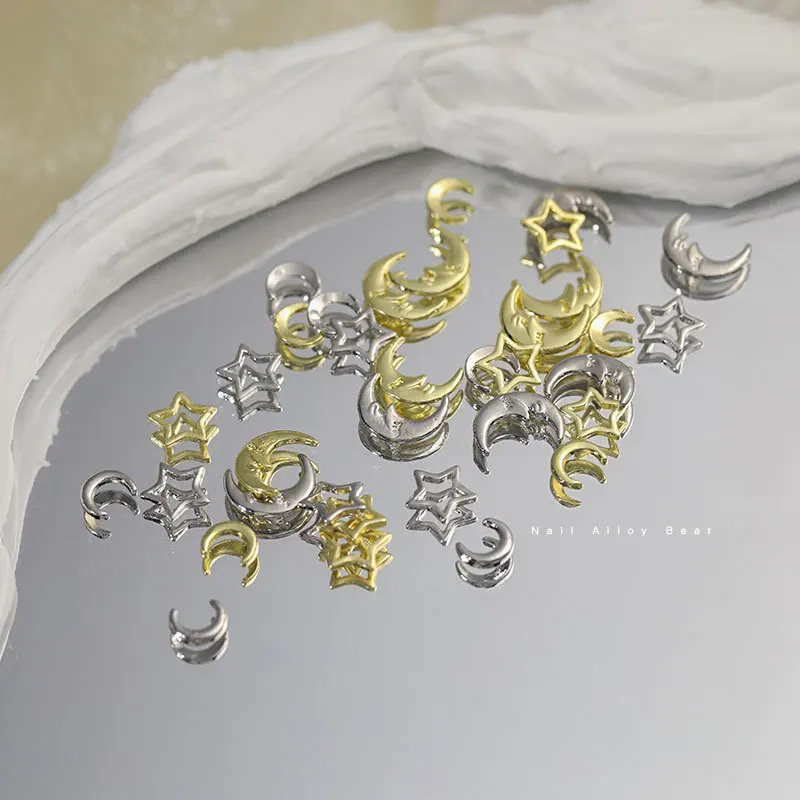 10pcs Star and Moon Series Nail Accessories New Style Gold and Silver Hollow Stars Small Moon DIY Nail Alloy Small Accessories