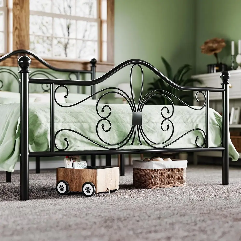 Twin Metal Bed Frame for Kids with Butterfly Design, No Box Spring, Easy Assembly, Black