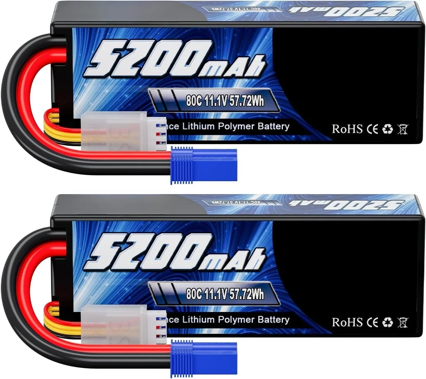

11.1V 80C 5200mAh 3S Lipo Battery with EC5 Connector Hardcase for RC Car Boat Truck Helicopter Airplane Racing Models(2 Packs)