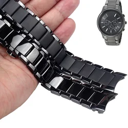 For Armani Ceramics Watch Strap Ar1451 Ar1452 Ar1474 Ar1475 Solid Stainless Steel Men Double Press Watchbands 22MM 24mm