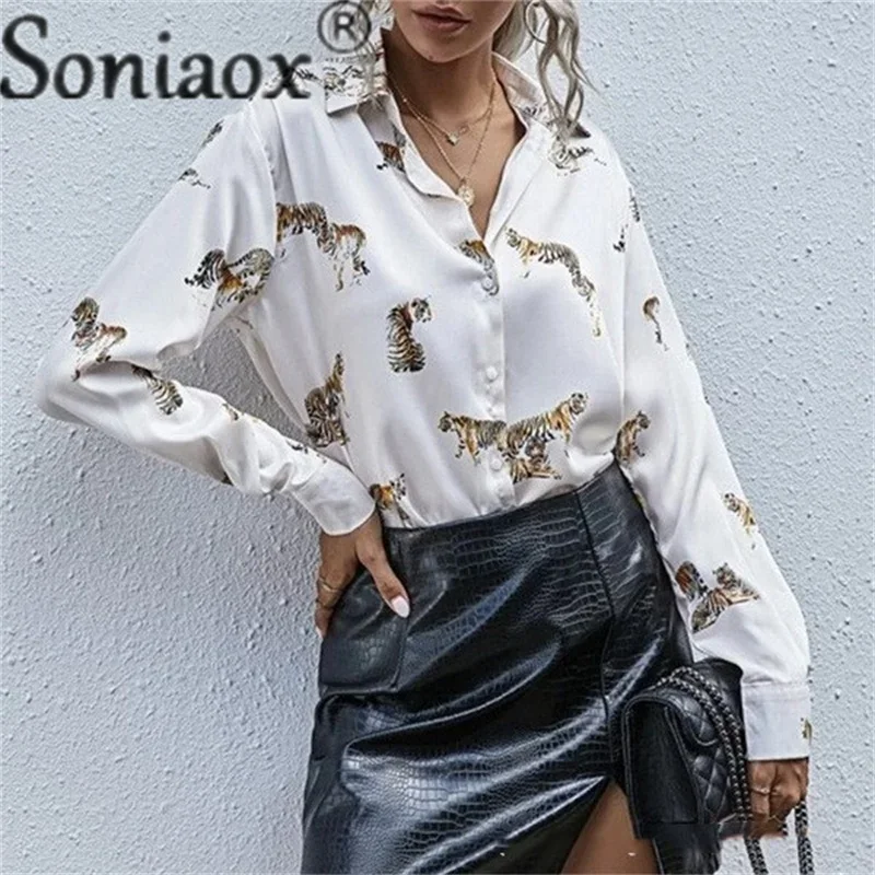 Eleganter Stil Tiger Print Shirt Damen Revers Langarm Einreiher Cardigan Tops Damen Pendler lose Bluse groß