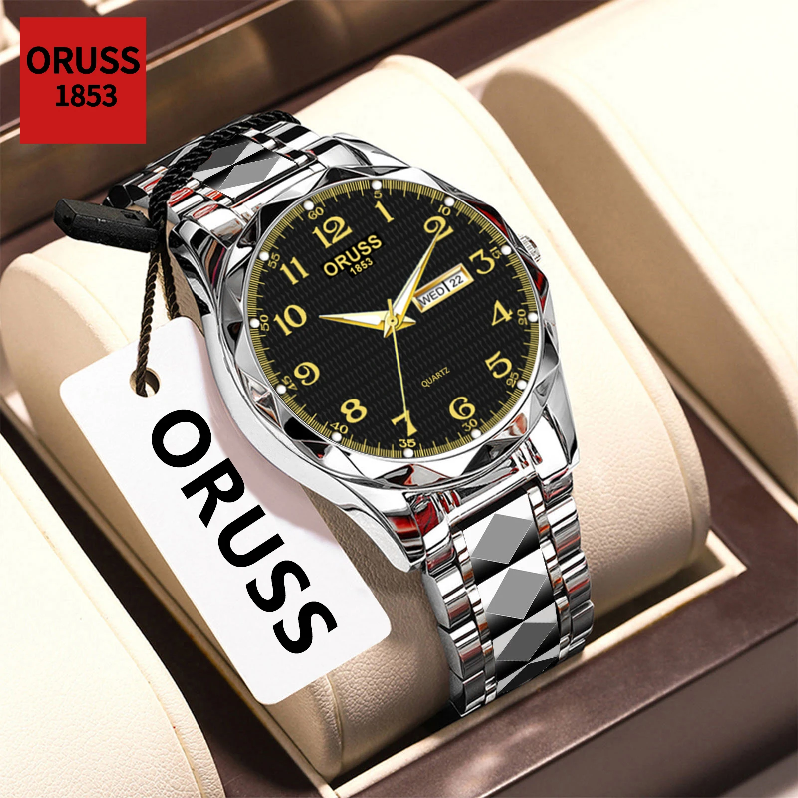 

Stainless steel watch, waterproof luminous, casual fashion, dial with texture, ORUSS Men's Original Quartz Watch