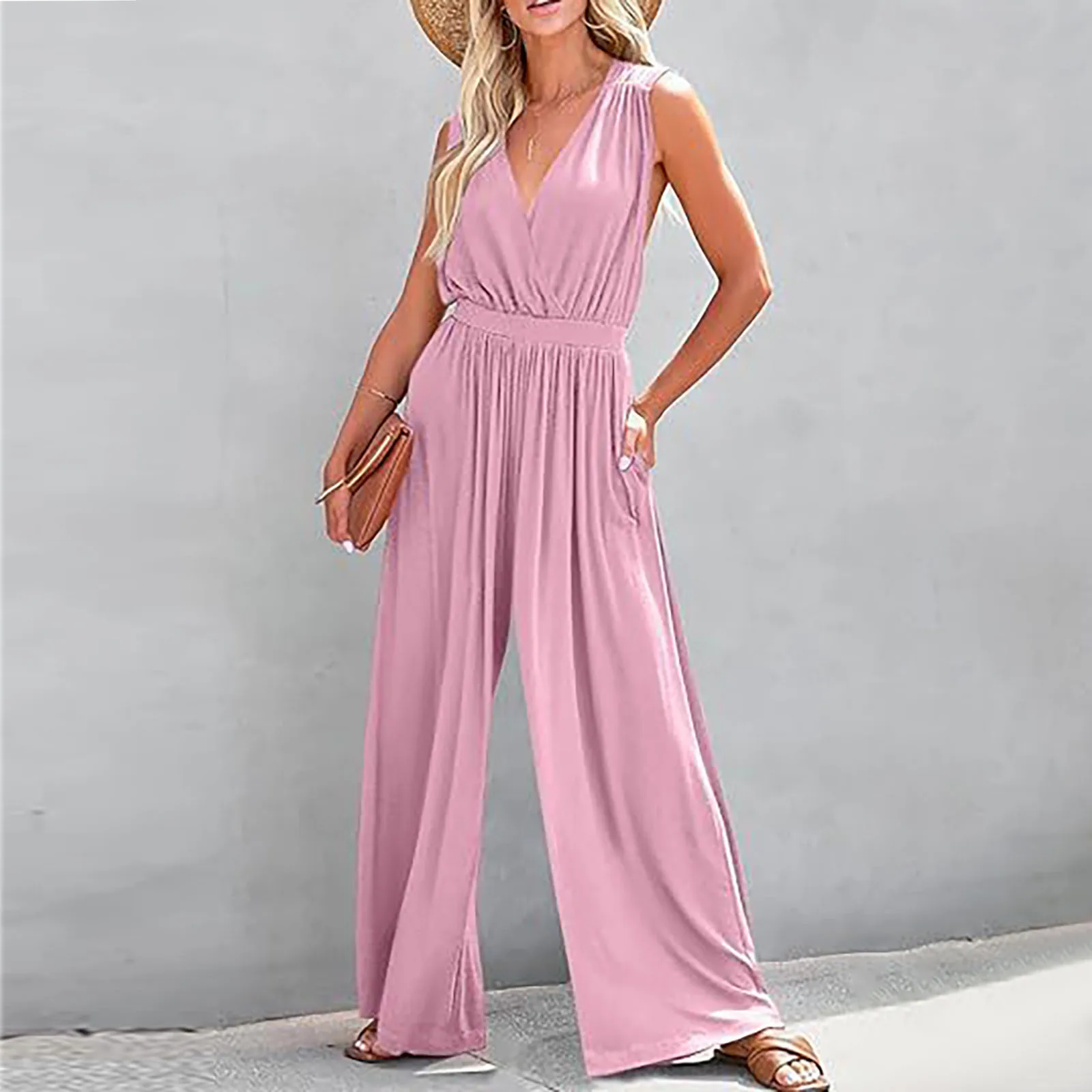 New High Waist Backless Pleated Office Romper Women Casual Solid Color V Neck Jumpsuit Sexy Sleeveless Simple Tank Straight Pant