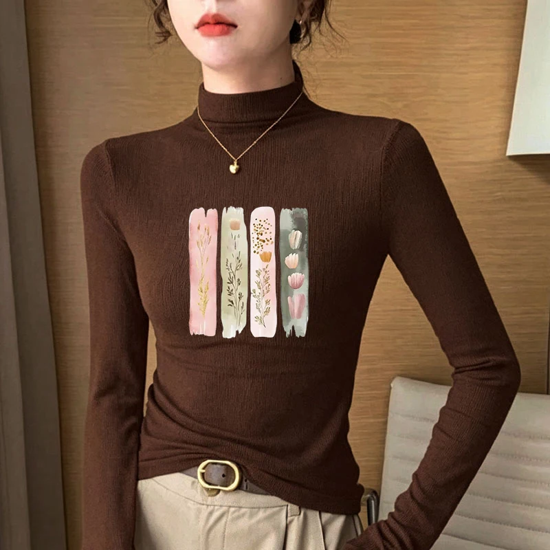 2026 New Autumn Winter Thermal Brushed Fleece Long Sleeve Graphic Print T shirt Blouses Female Warm Shirt Women Top