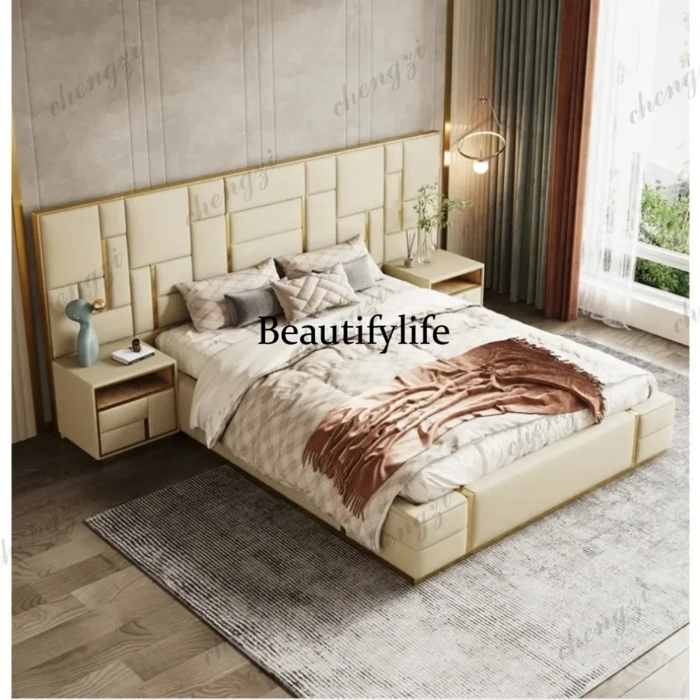 A182 As A Bed King Size Luxury Bedroom Furniture Set Wooden Headboard and Nightstands Lit Deux Place with Double Bed Side Table