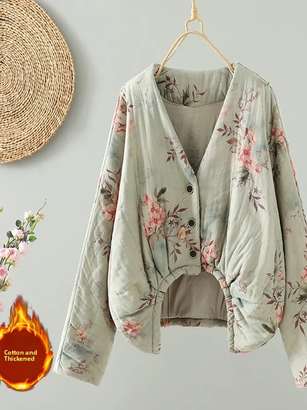New Chinese Style Bat Sleeve Cotton Jacket Printed Cotton Linen Women's Outerwear Fall Season National Trend V-neck Long Sleeve