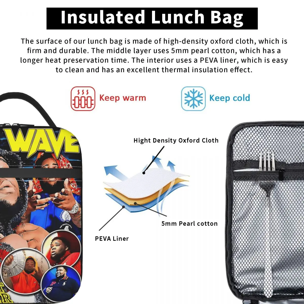 خمر قضيب موجة جولة جميلة العقل قوي فيكو حقيبة الغداء للجنسين طباعة علب الاغذية Kawaii نزهة حقيبة للحفاظ على البرودة حمل أكياس الغذاء #3