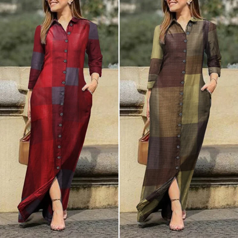 2023 Islam Abaya Kaftan European and American Leisure New Lapel Long Sleeve Abayas for Women Plaid Printed Shirt Dress