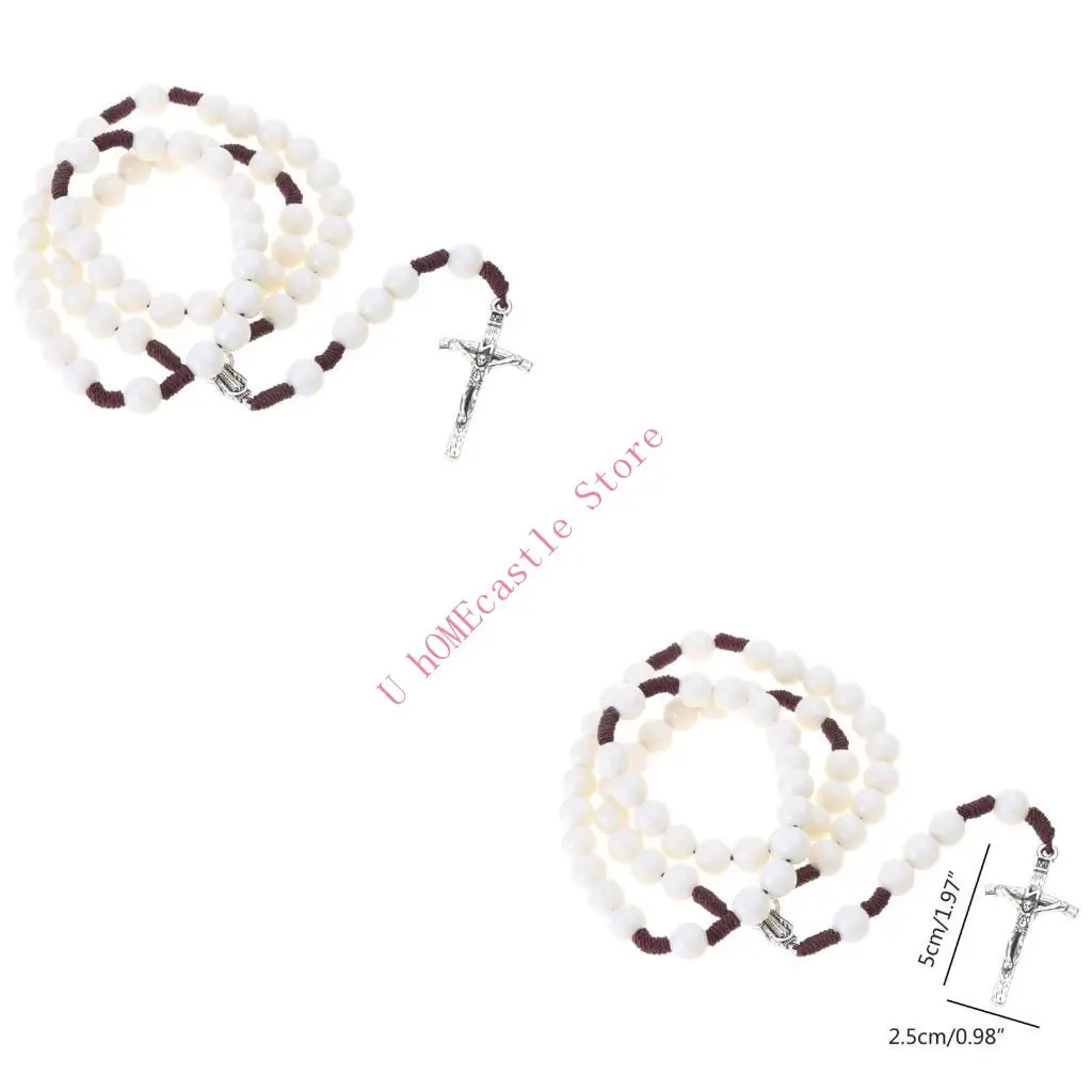 63HF Round Acrylic Bead Rosary Necklace Catholic Religious for Cross Jesus Necklaces