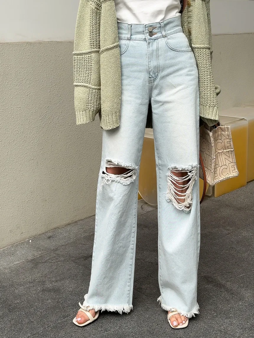 

Retro Faded High Waist Women's Jeans with Two Buttons Loose Straight Legged Long Pants with Teaded s And Large Holes