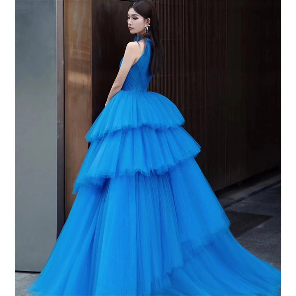 Modern Blue Halter Tulle Tiered Ball Gown Sleeveless New Design Evening Dresses For Women 2024 Prom Dresses Birthday Party Dress