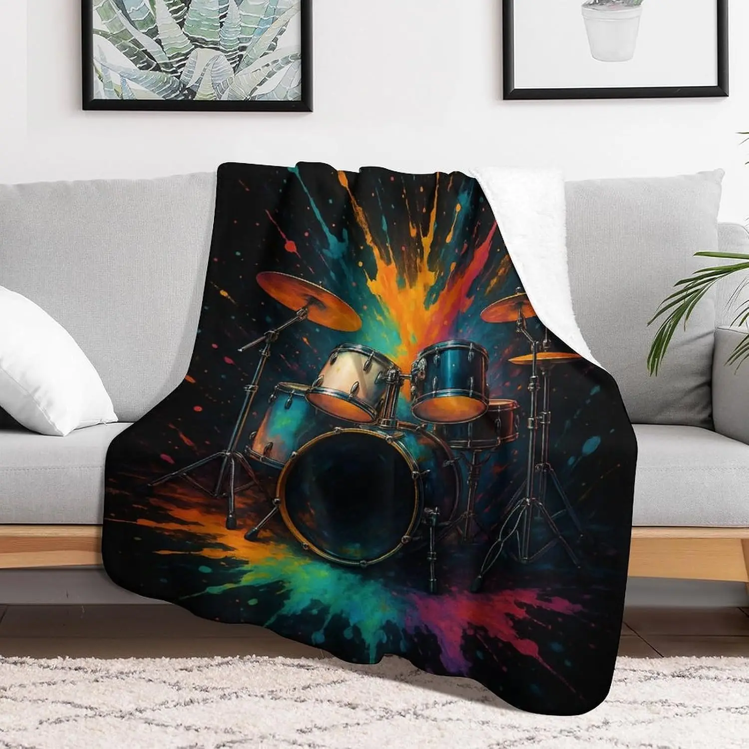Colorful Drum Set Flannel Throw Blanket Drum Kit Paint Music Art Print Creative Soft Blankets for Sofa Hobby Nook