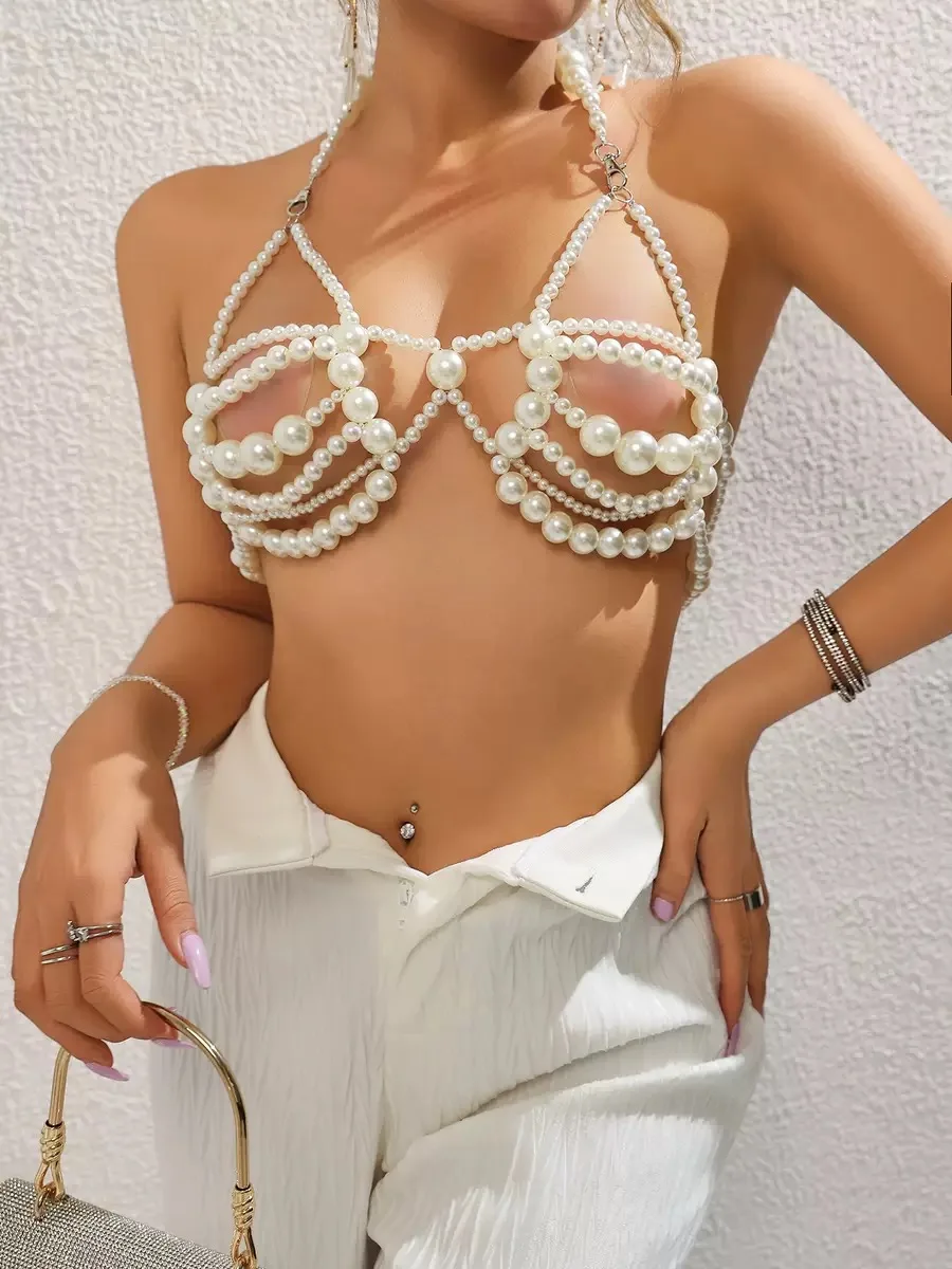 قطعة واحدة من سلسلة الجسم بيكيني اللؤلؤ الاصطناعي - مجوهرات الشاطئ الأنيقة لملابس السباحة، إكسسوار جلام قابل للتعديل على شاطئ البحر