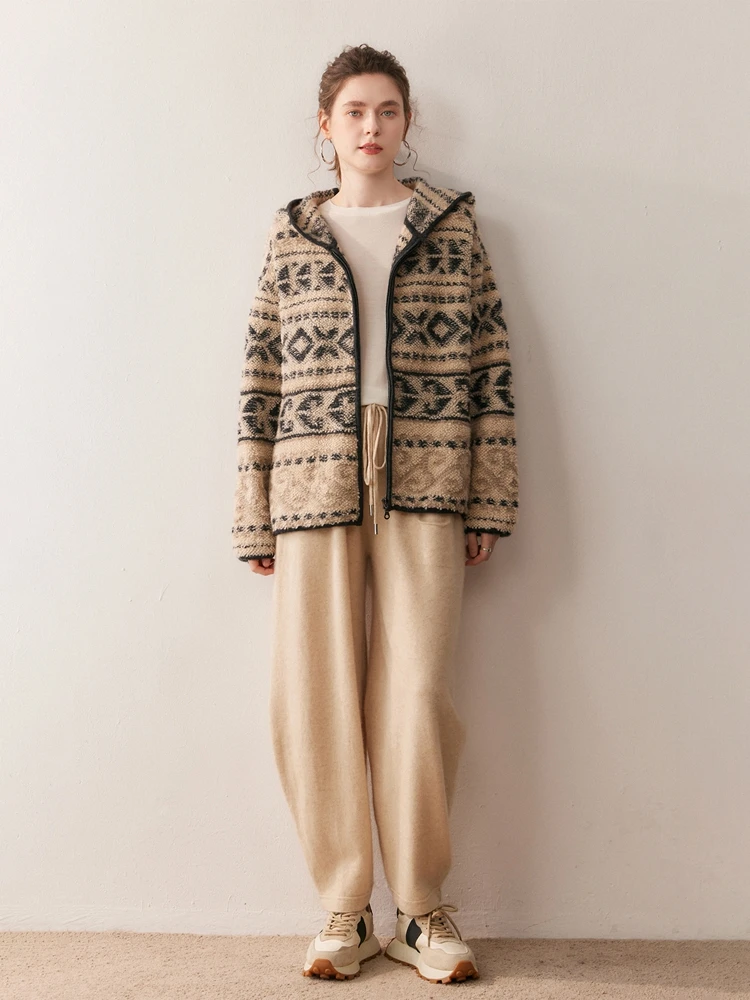 

Осень-зима женский кардиган из 100% чистого кашемира, свитер с капюшоном на молнии, свободная утолщенная жаккардовая вязаная куртка в ленивом стиле