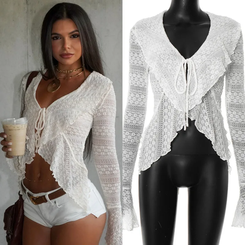 

Women Sexy Lace See-Through Crop Top Long Sleeve Tie-Up Cardigan Solid Color Autumn Slim Fit Flared Hem Outerwear New Clothing