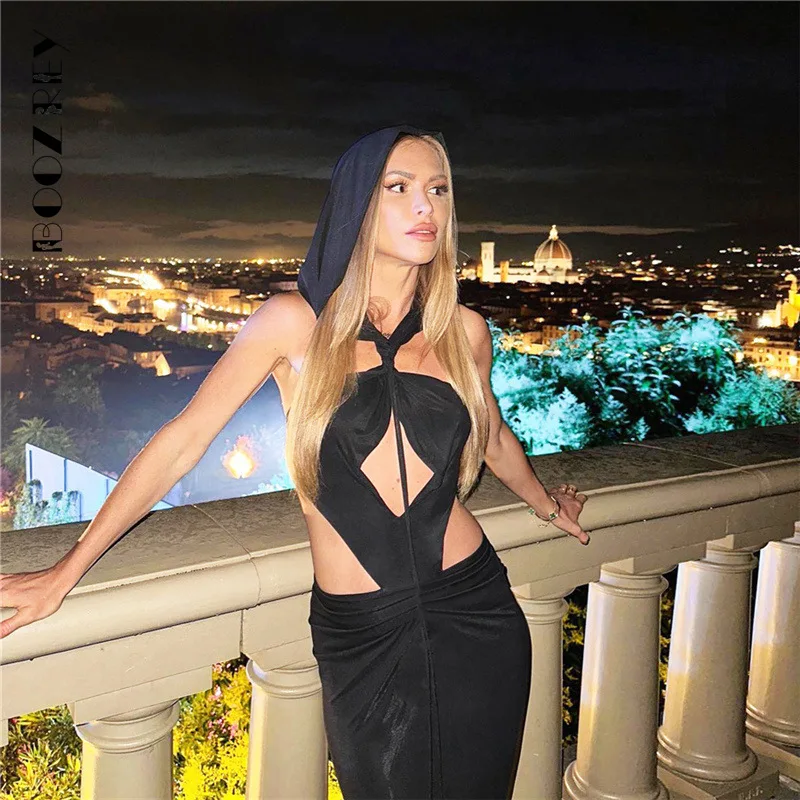 

BoozRey Sexy Sleeveless Solid Hooded Hollow Maxi Dresses Women 2023 Summer Backless Black High Street Party Club Bodycon Dress