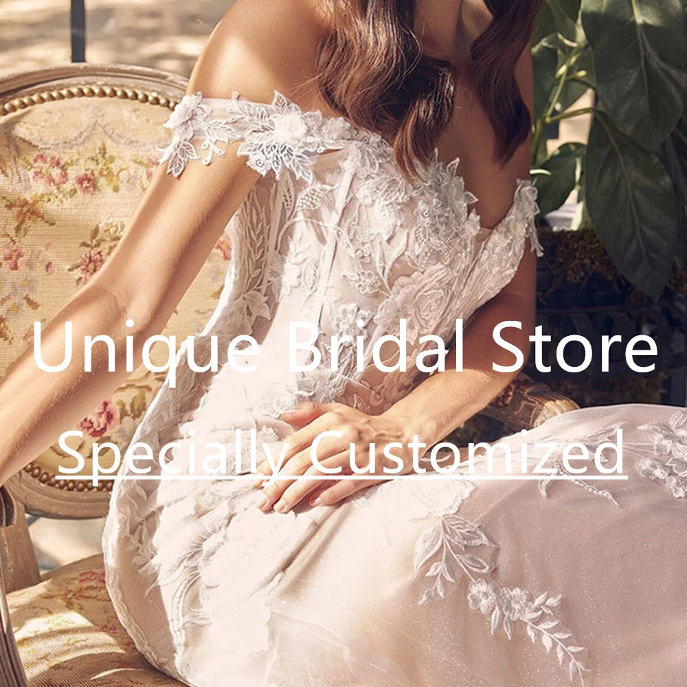 Vestido de novia de sirena de tul personalizado con hombros descubiertos, apliques con cuello en V y espalda descubierta con cremallera, Vestido elegante y hermoso para mujer