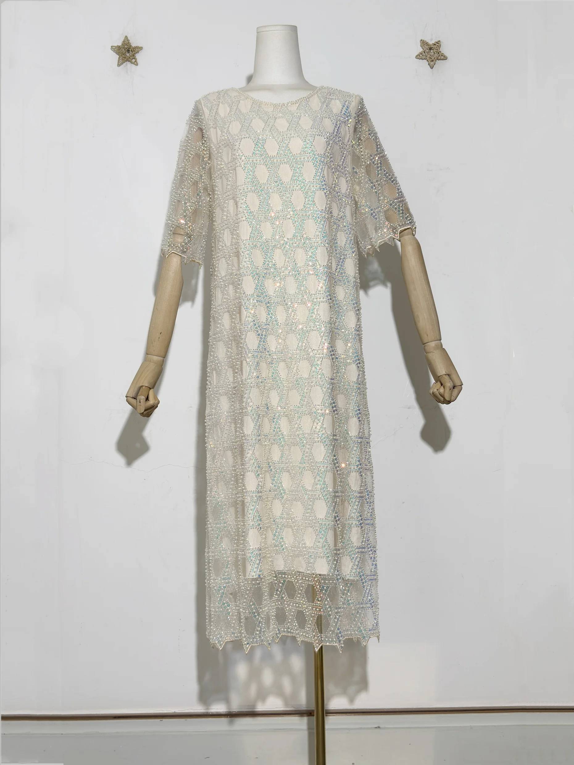 

Glamorous Iridescent Women New Sequin Pearl Beaded Geometric Pattern Sparkling Embellished O-Neck Short Sleeve Mesh Midi Dress