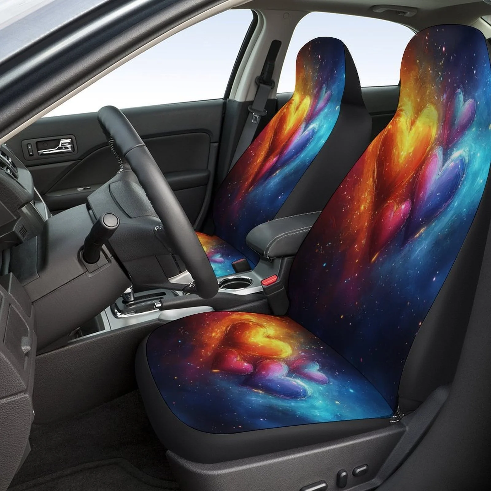 Set Of Car Seat Covers With A Cosmic Hearts Theme, Suitable For Various Vehicles. Stylish And Durable, This Complete Set Include