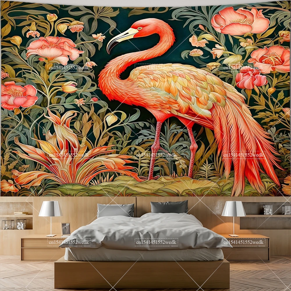 열대 플라밍고 태피스트리 벽 교수형 히비스커스 꽃 태피스트리 미적 방 장식 동물 풍경 태피스트리 3D 배경 화면