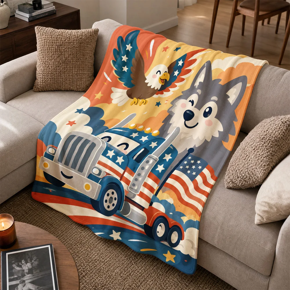 Decorative Patriotic American Flag Throw Blanket for Sofa Couch Dog Eagle Truck Americana Decor USA Gift Cozy Winter Warm Fall H