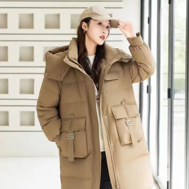 Hooded Duck Down Jacket for Women, Warm Coat, Long Parkas, Fashion Collar, Temperament, Leisure, Winter, New