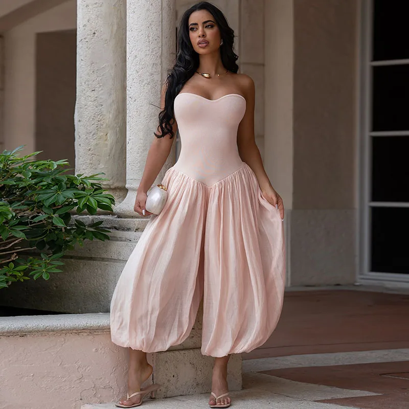 

Doyerl Solid Tube Strapless Women's Jumpsuits and Rompers Summer Clothes Sleeveless Lantern Pants Party One Piece Club Outfits