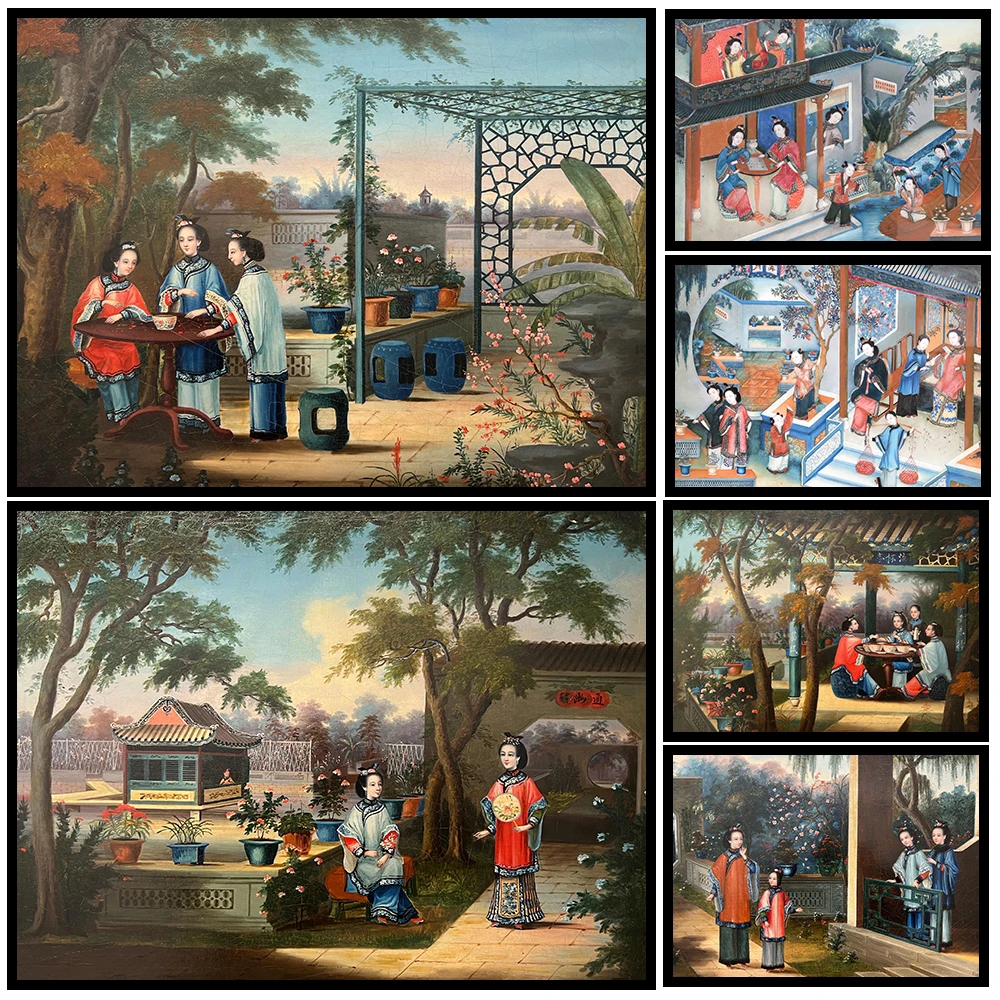 

Vintage Chinese Courtyard Ladies Canvas Painting,Traditional Qing Dynasty Style Wall Art,Antique Chinese Ladies Art Poster Print