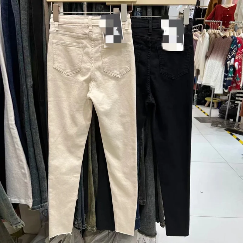 하이웨이스트 섹시 나인 포인트 슬림핏 버튼 다운 데님 팬츠 여성용 블랙 화이트 한국 스타일 캐주얼 코튼 스트레치 진