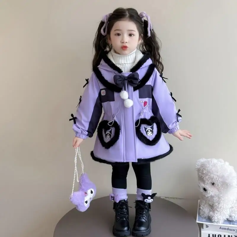 

Sanrio Anime Kuromi Girls' Fleece-Lined Hooded Jacket Thick Outerwear Windbreaker Fall Winter Kids Clothing Thicken Warm Coat