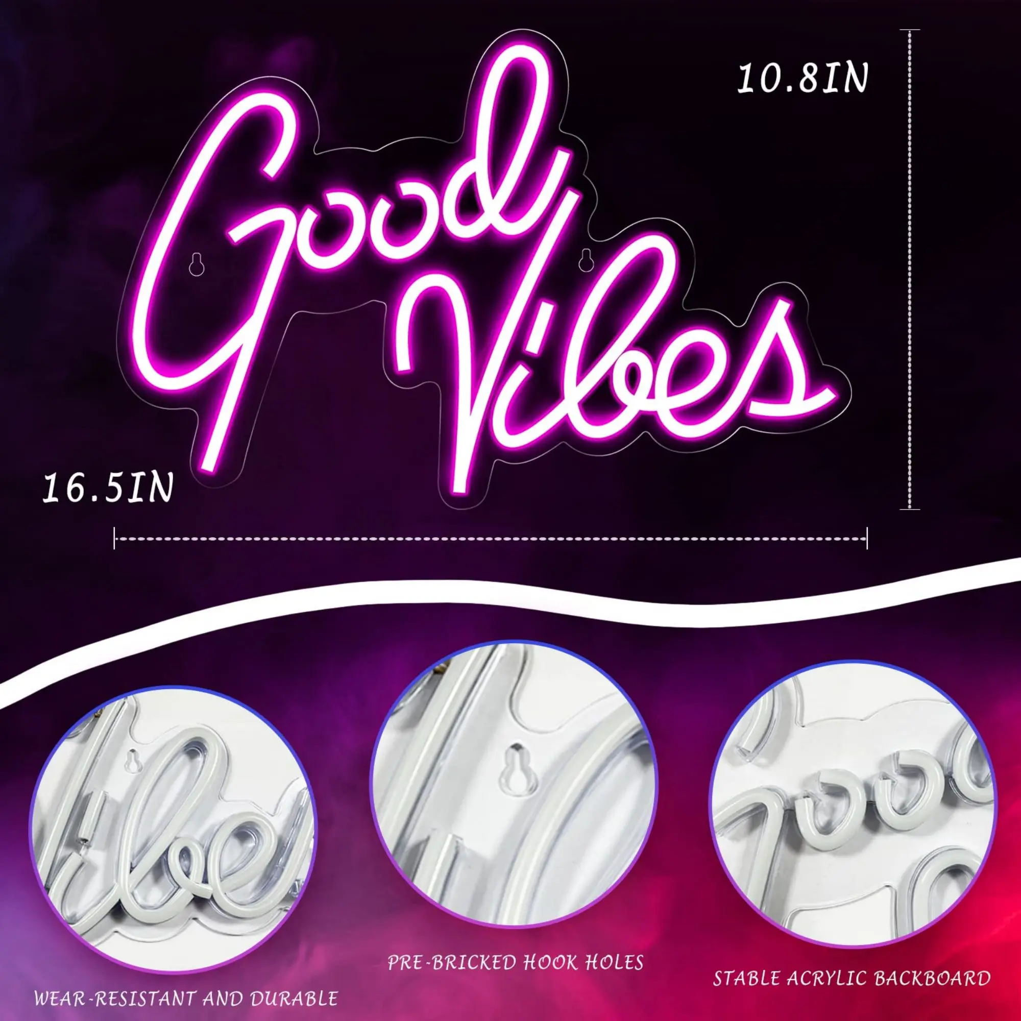 Good Vibes Neon Sign for Wall Decor, Pink Neon Lights for Room & Party Decor, USB Powered Neon Lights Signs for Lover, Friends