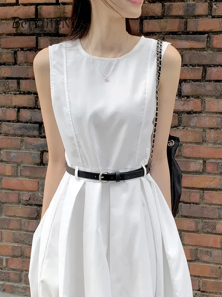 Beiyingni Summer Korean Chic Sleeveless Long Dress Women With Belt Elegant White Sundress Casual French Luxury Pleated Dresses