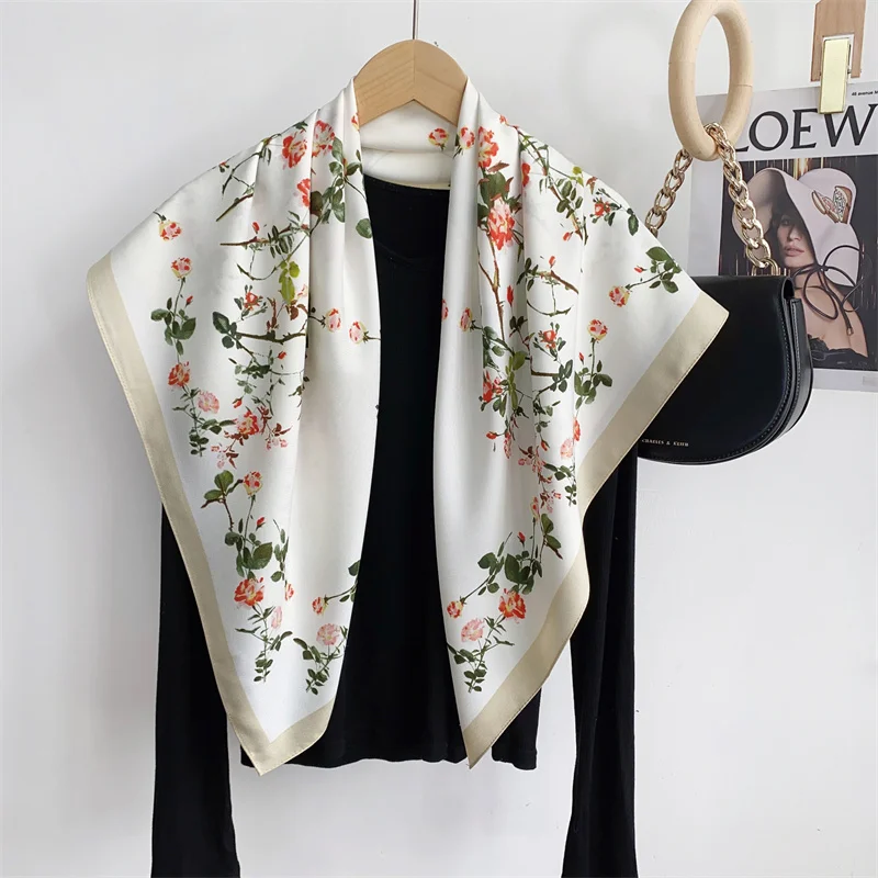 2024 Spain Fashion Million Floral Square Silk Scarf Ladies High Quality Print Soft Shawls and Wraps Bufanda Muslim Hijab 90*90Cm