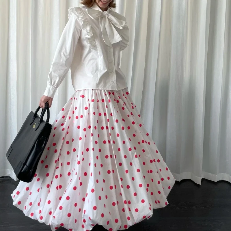

Deeptown Vintage Sweet Long Skirt Women Elegant Red Polka Dot Maxi Skirts Japanese Style Harajuku High Waist Loose Ruffle Skirts