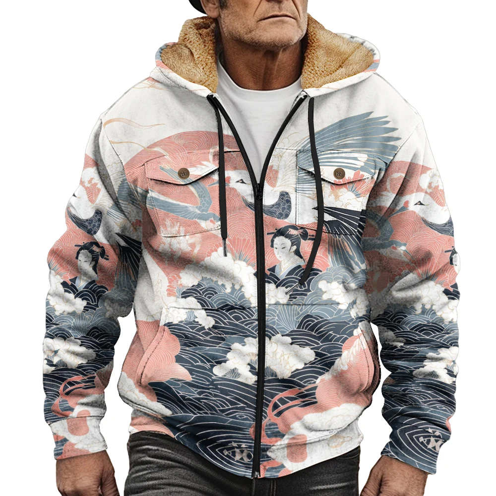 

Элегантная японская куртка с капюшоном и принтом журавля, теплое пальто унисекс на подкладке из искусственного меха с двумя карманами на пуговицах и полной молнией для повседневной верхней одежды