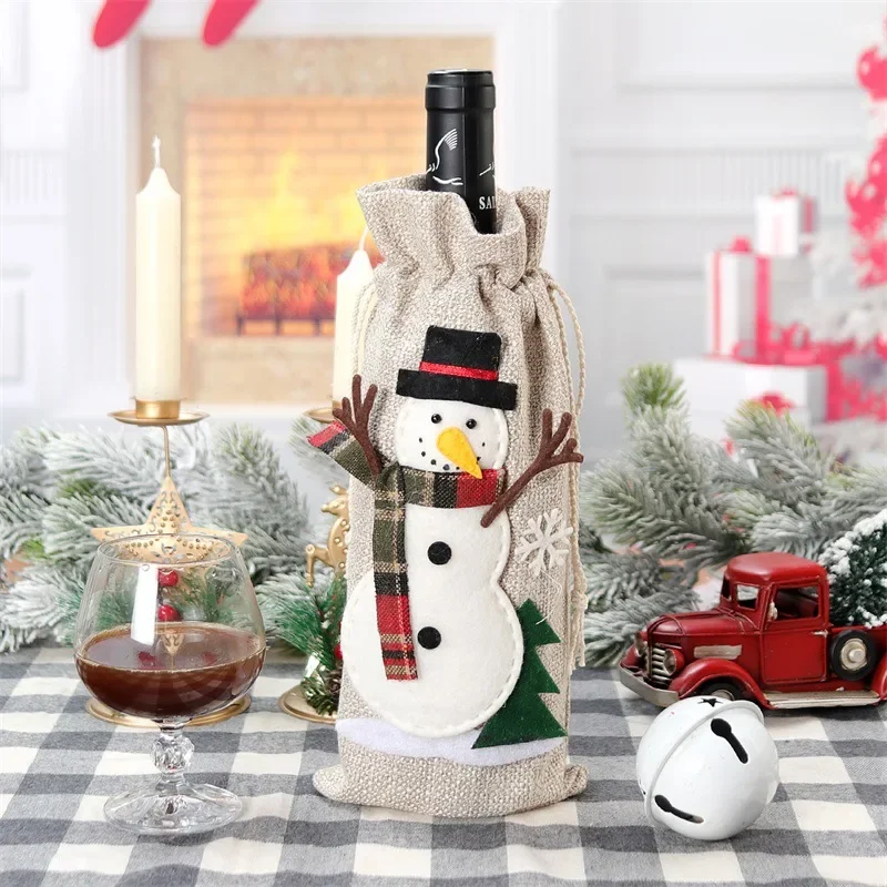 Xmas Snowman Santa Claus Wine Bottle Gift Packaging Jute Bag Pouch Burlap Christmas Wine Bottle Cover Bag Christmas Decorations