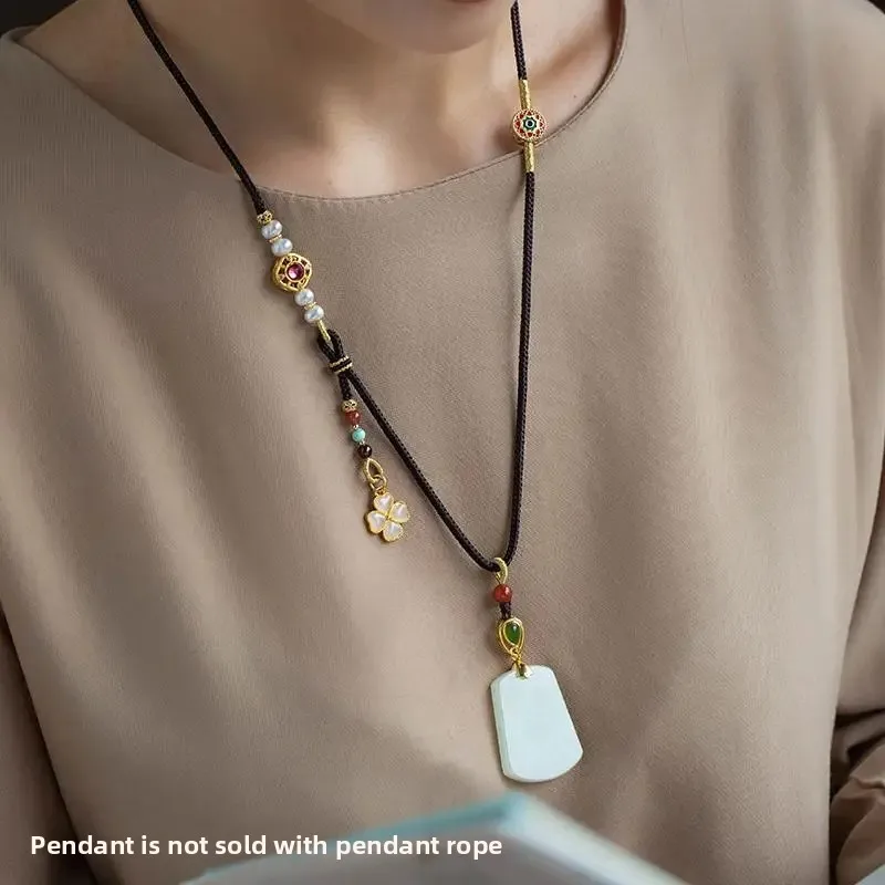 Ancient Real 18K Gold Plated Pendant Lanyard Fine-woven Long Jade Beeswax Handmade Rope Adjustable Necklace Rope Woolen Chain