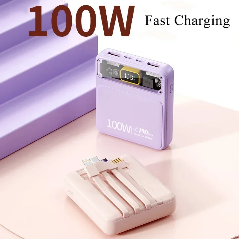 

Power Bank 20000mAh 100W Fast Charging Built in Cables Portable Powerbank External Battery Charger For iPhone Xiaomi Poverbank