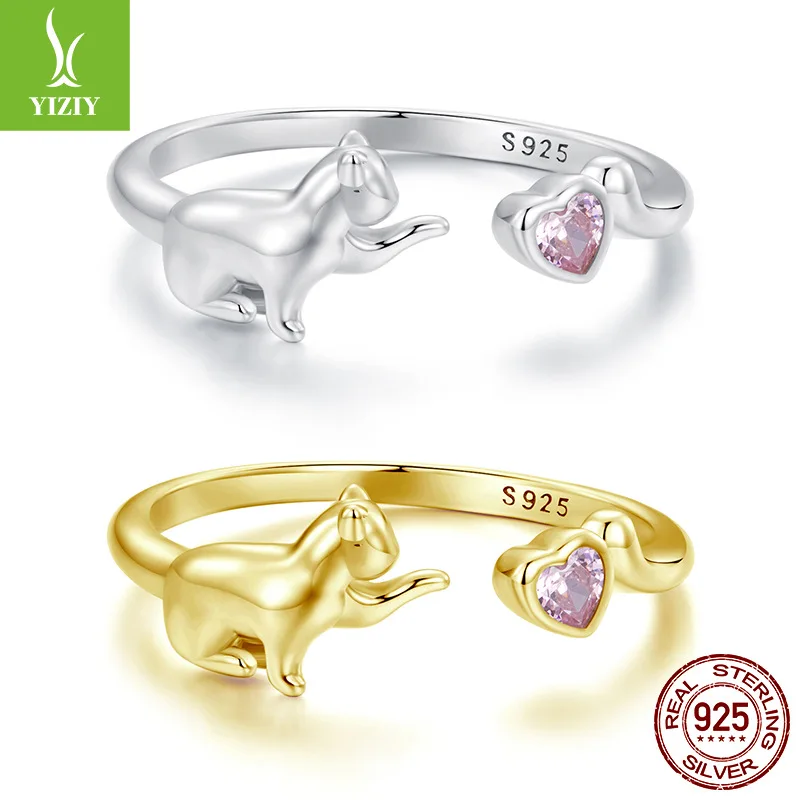 

plata 925 Sterling Silver Cute Cat Open Ring Lovely Animals Pink CZ Heart for Pet Lover Family Jewelry Gift anillos woman