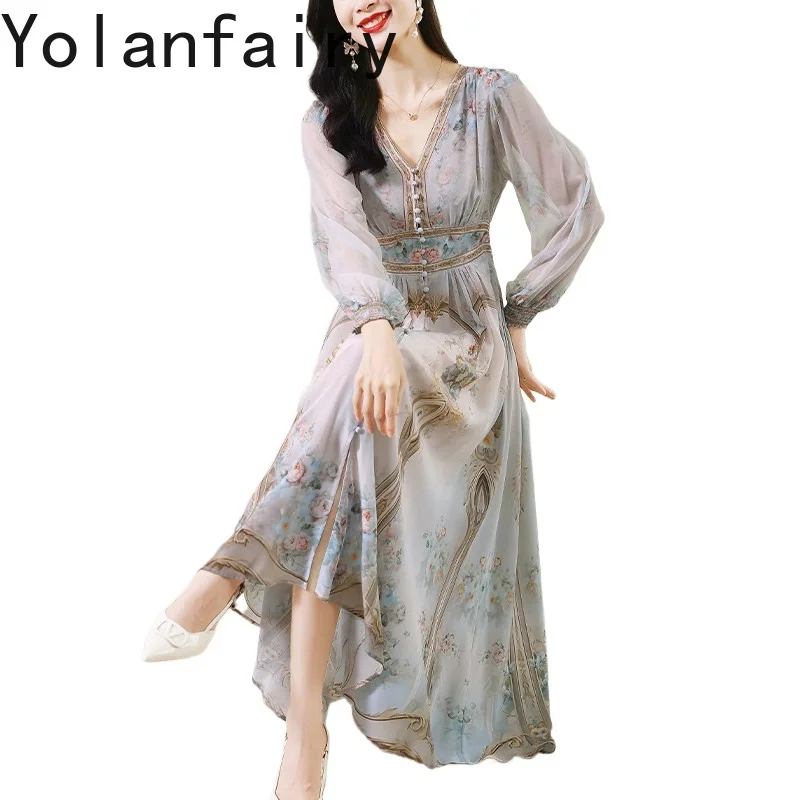 

YOLANFAIRY 100% натуральные шелковые платья из тутового шелкопряда для женщин, весенне-летнее винтажное пляжное платье с цветочным принтом, элегантное длинное платье для женщин на день рождения