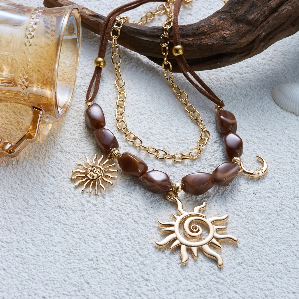 Doppelschichtige Unregelmäßige Schwarze Harzperlen Spiral-Sonne-Mond-Anhänger Halskette für Frauen und Männer Ethnischer Stil Sonnenblumen-Choker Schmuck – Detail 29