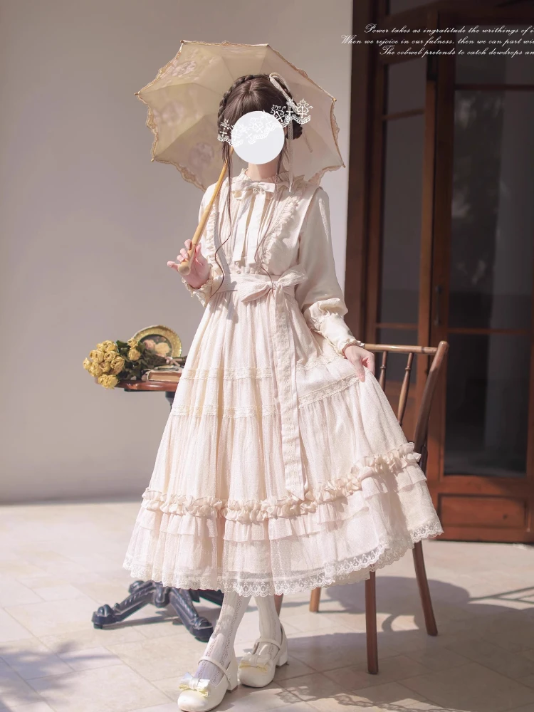 French Elegant Lolita Princess Tea Party Long Dress JSK Spring Autumn Women's High Waist Slim Lace Edge Sleeveless Dress Shirt