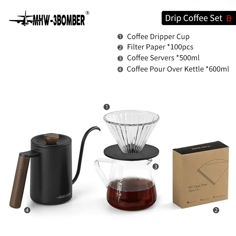 MHW-3BOMBER Pour Over Coffee Set with Gooseneck Kettle Coffee Dripper Server Glass Filter Cup & Filter Paper Coffee Accessories