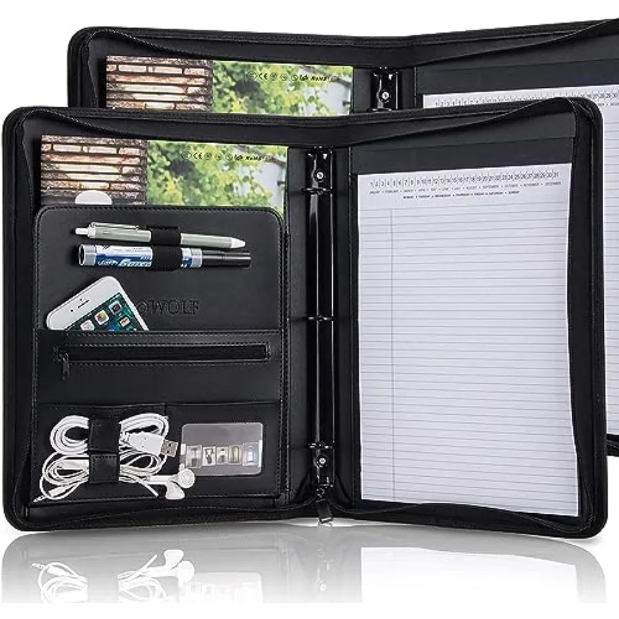

Pack Padfolio Resume Portfolio Folder, PU Leather Professional with Round Ring Binder Writing Pad Tablet Sleeve Interview Docum