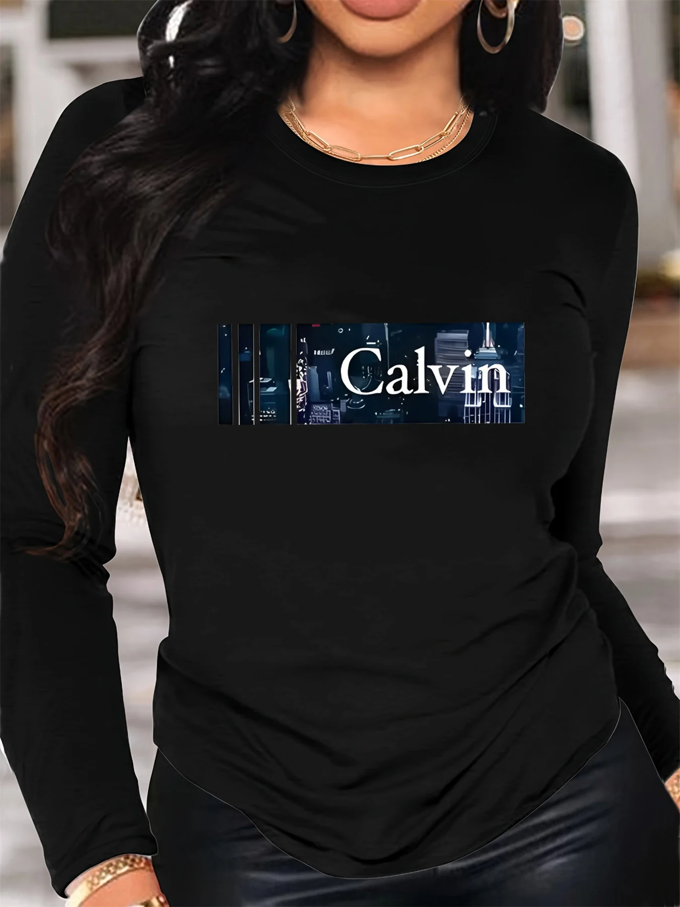 

Spring and Autumn Women's 100% Cotton Fashion Casual Loose Calvin Letter Pattern Printed Long Sleeve Round Neck T-shirt