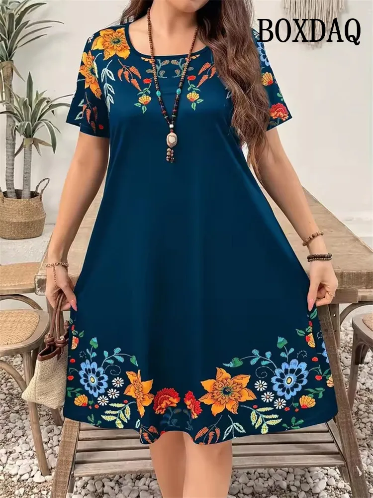 

2025 женское летнее повседневное платье с коротким рукавом, винтажное платье трапециевидной формы с круглым вырезом и принтом, свободное платье больших размеров 9XL