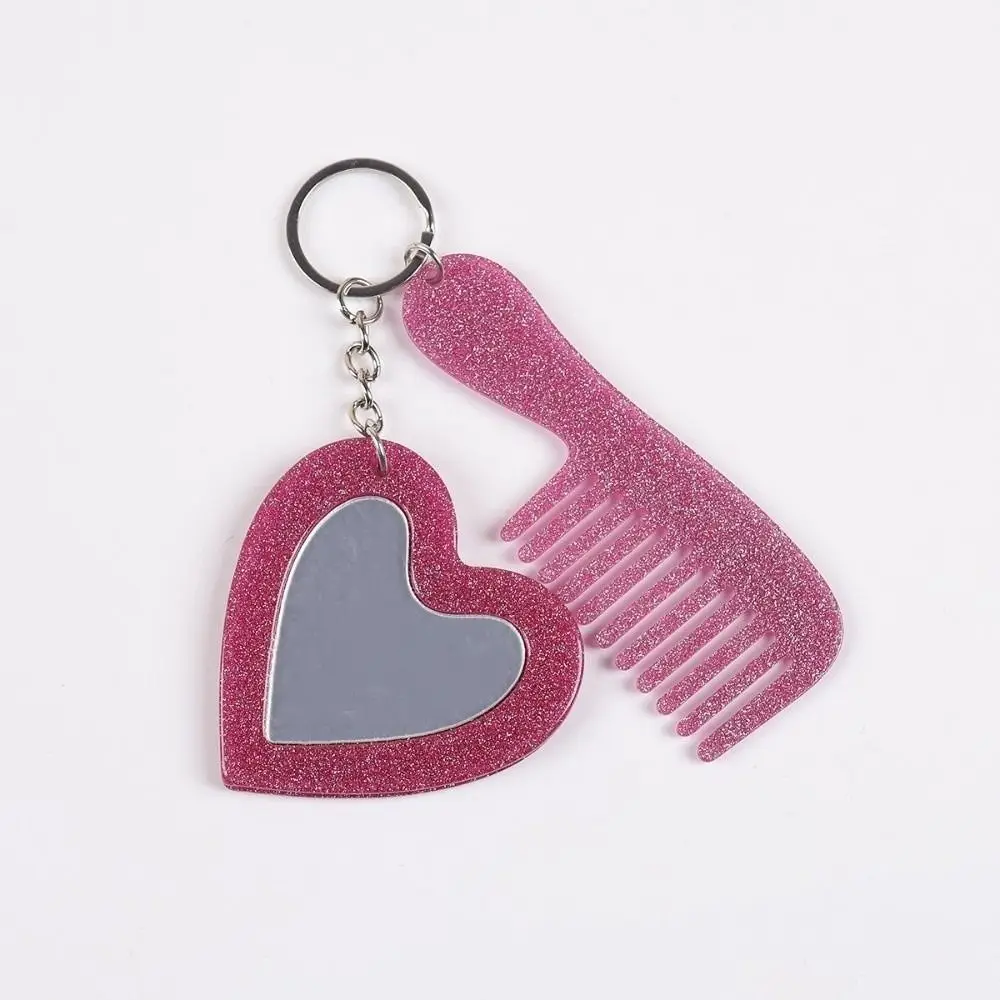 High-end Mini Heart Makeup Mirror Keychain Simple Anti Loss Comb Mirror Keychain Colorful Shining Keychain Pendant Gift